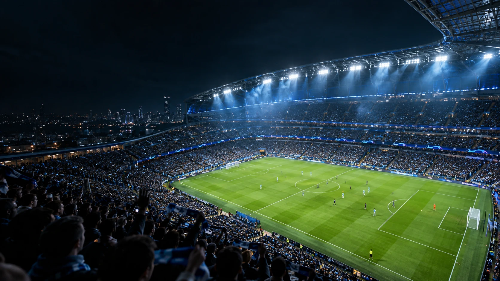 Uno stadio di calcio illuminato con tifosi sulle tribune